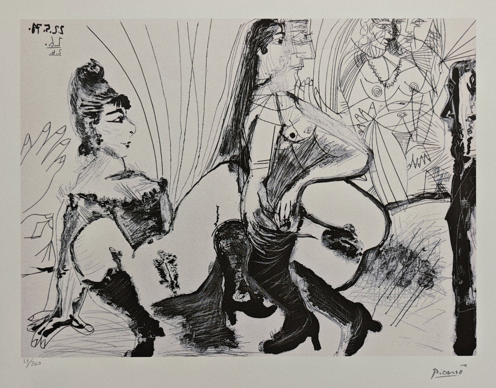Pablo Picasso (1881-1973), Degas Pays and Leaves. The Girls Are Not Gentle, 1971: Pablo Picasso (1881-1973), Degas Pays and Leaves. The Girls Are Not Gentle, 1971, H × W: 50 × 70 cm, offset lithograph. Signed in plate and numbered /200 in hand in pencil on recto. Also featuring t