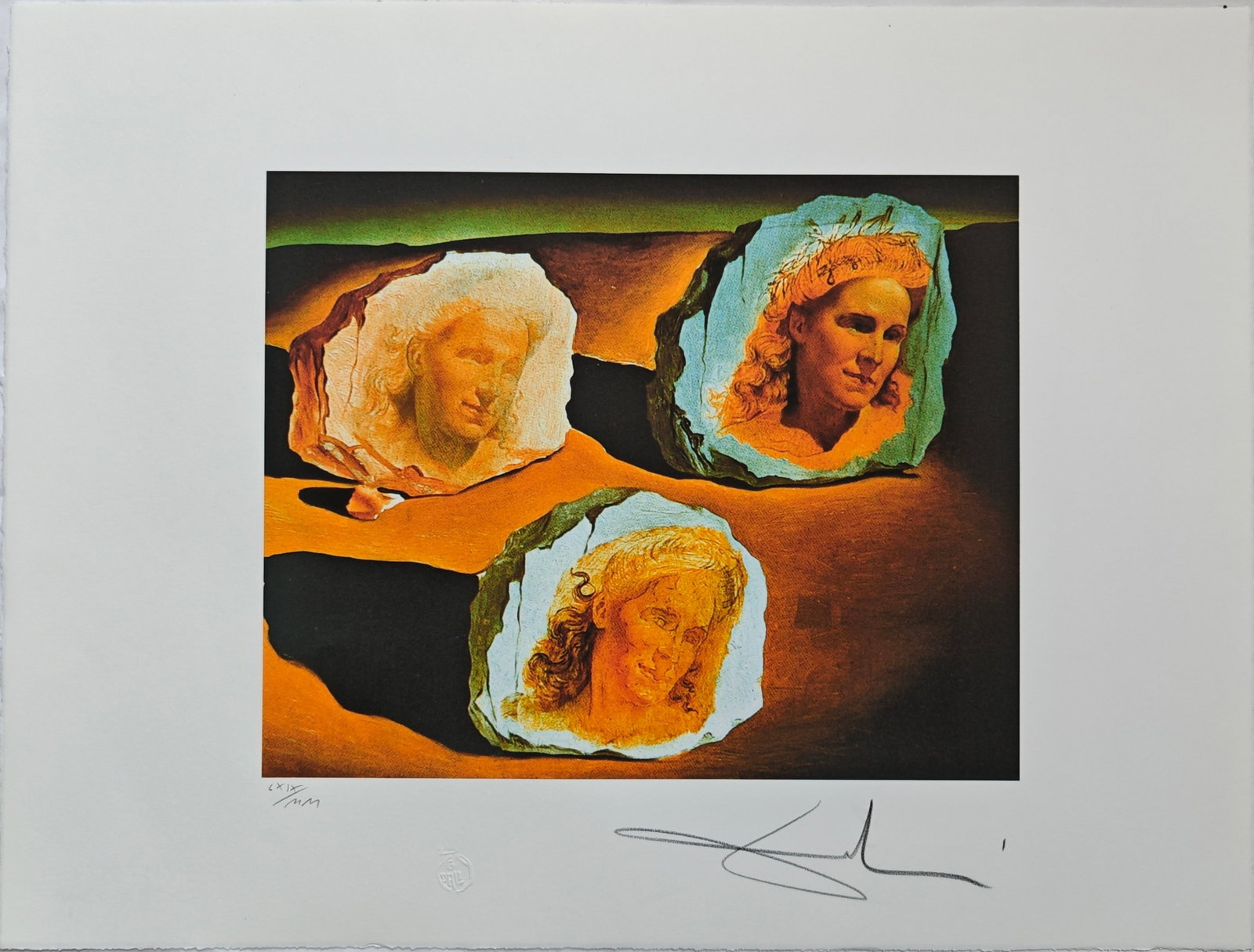 Salvador Dalí (1904-1989), Three Apparitions of the Visage of Gala, 1945: Salvador Dalí (1904-1989), Three Apparitions of the Visage of Gala, 1945, H x W: 65 x 50 cm, offset lithograph on BFK Rives (watermarked). Signed and numbered recto. Embossed with the G. Dali insigni