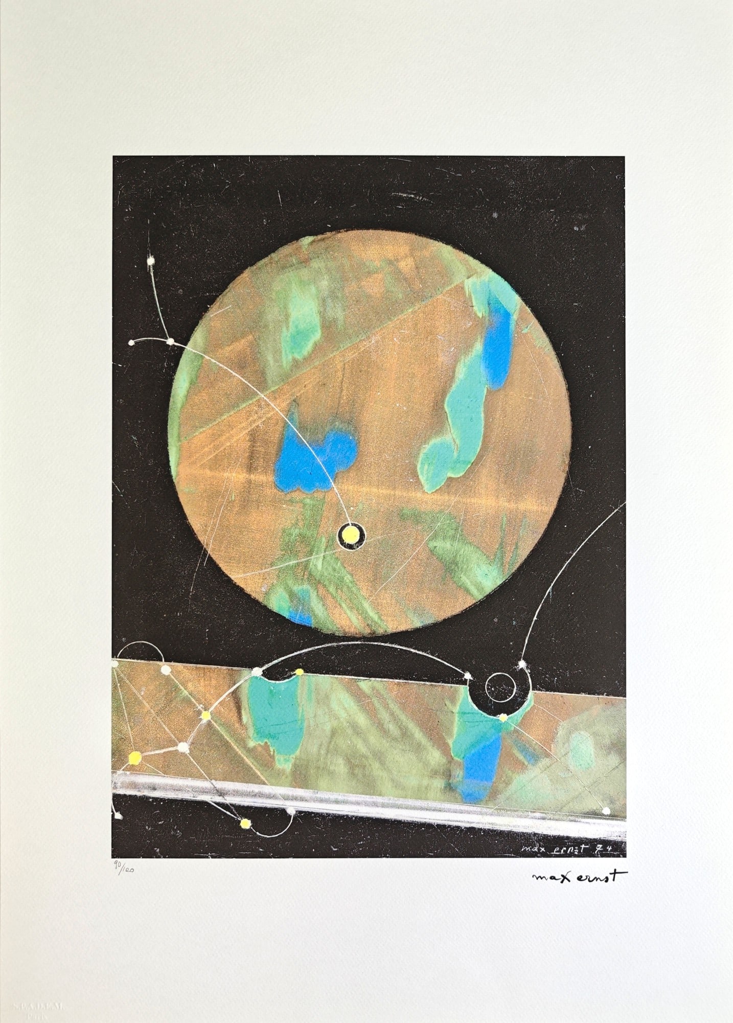 Max Ernst, "Configuration", 1974: Max Ernst (1891-1976), "Configuration", 1974, 50 × 70 cm, offset lithograph. Signed in the plate and numbered /100 by hand in pencil on the recto; the sheet bears the S.P.A.D.E.M. Paris blindstamp.