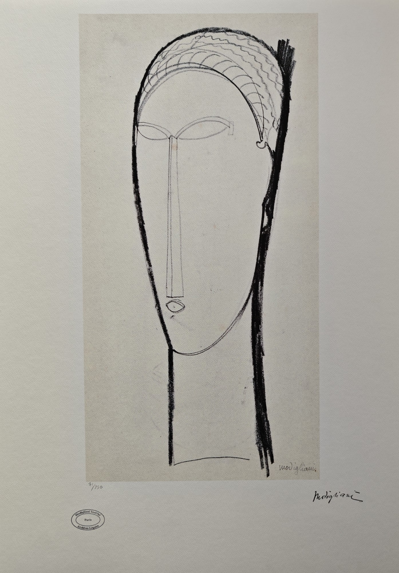 Modigliani, "Head & Shoulders from the Front": Amedeo Modigliani (1884-1920), "Head and Shoulders from the Front", 1913, 50 × 70 cm, offset lithograph, printed later. The print is signed in the plate, numbered /250 in pencil on the recto, and bea