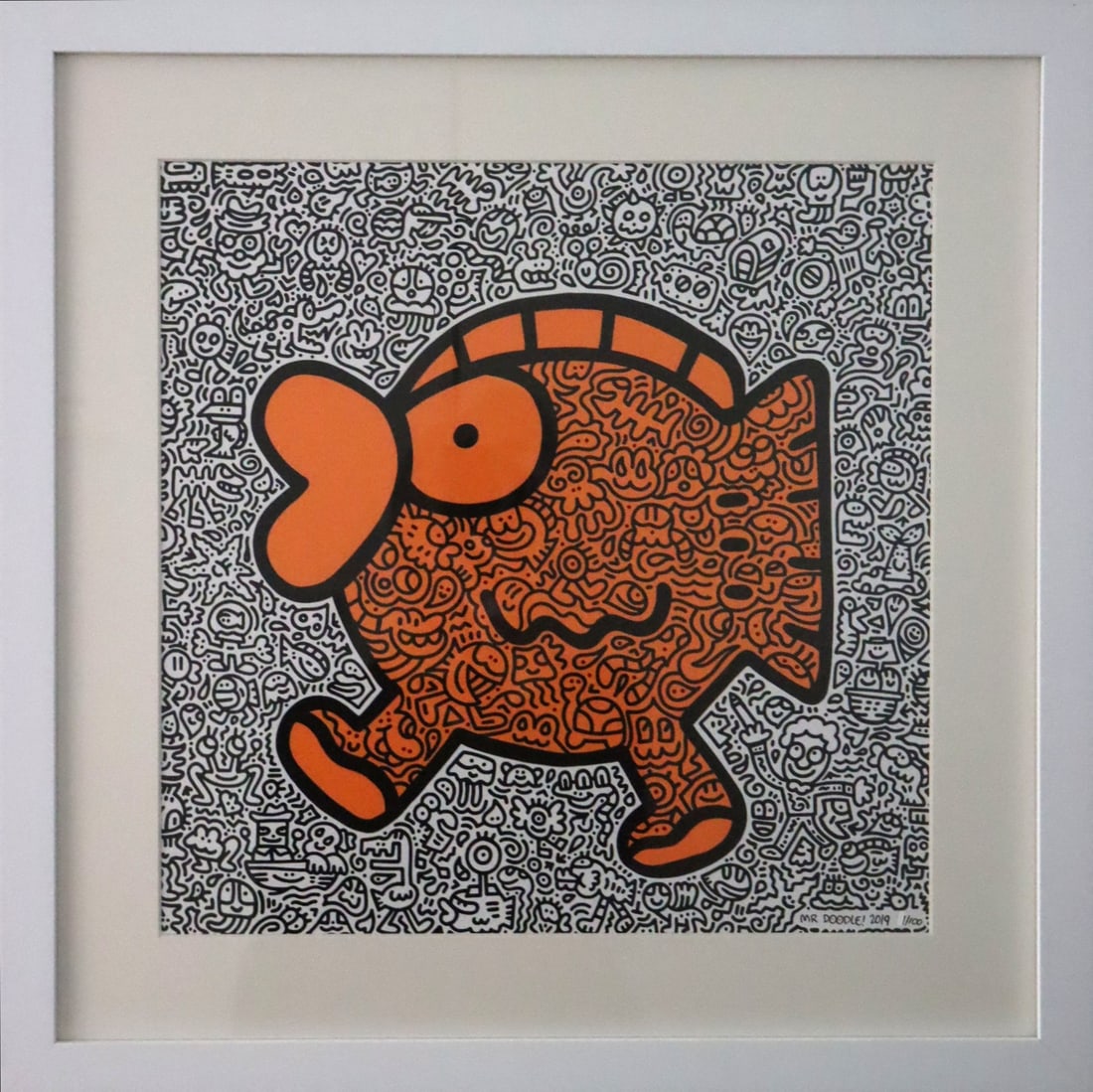 Mr Doodle, "Orange Fish", 2019: Mr Doodle (b. 1994), "Orange Fish", 2019, 35 × 35 cm, screenprint. The work is signed, numbered /100, and dated. Framed.