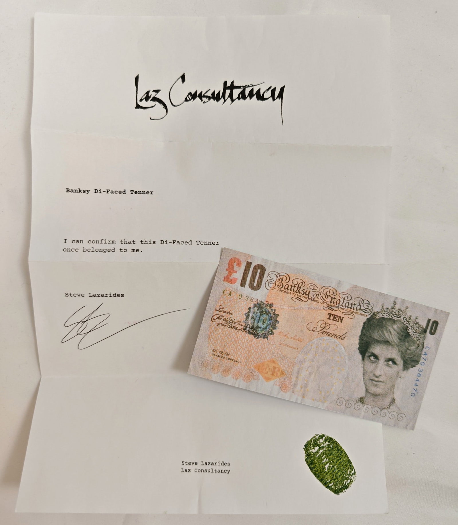 Banksy, "Difaced Tenner", 2004: Banksy (b. 1973), "Difaced Tenner", 2004, 14.6 × 7.6 cm, offset lithograph in colours on paper.
