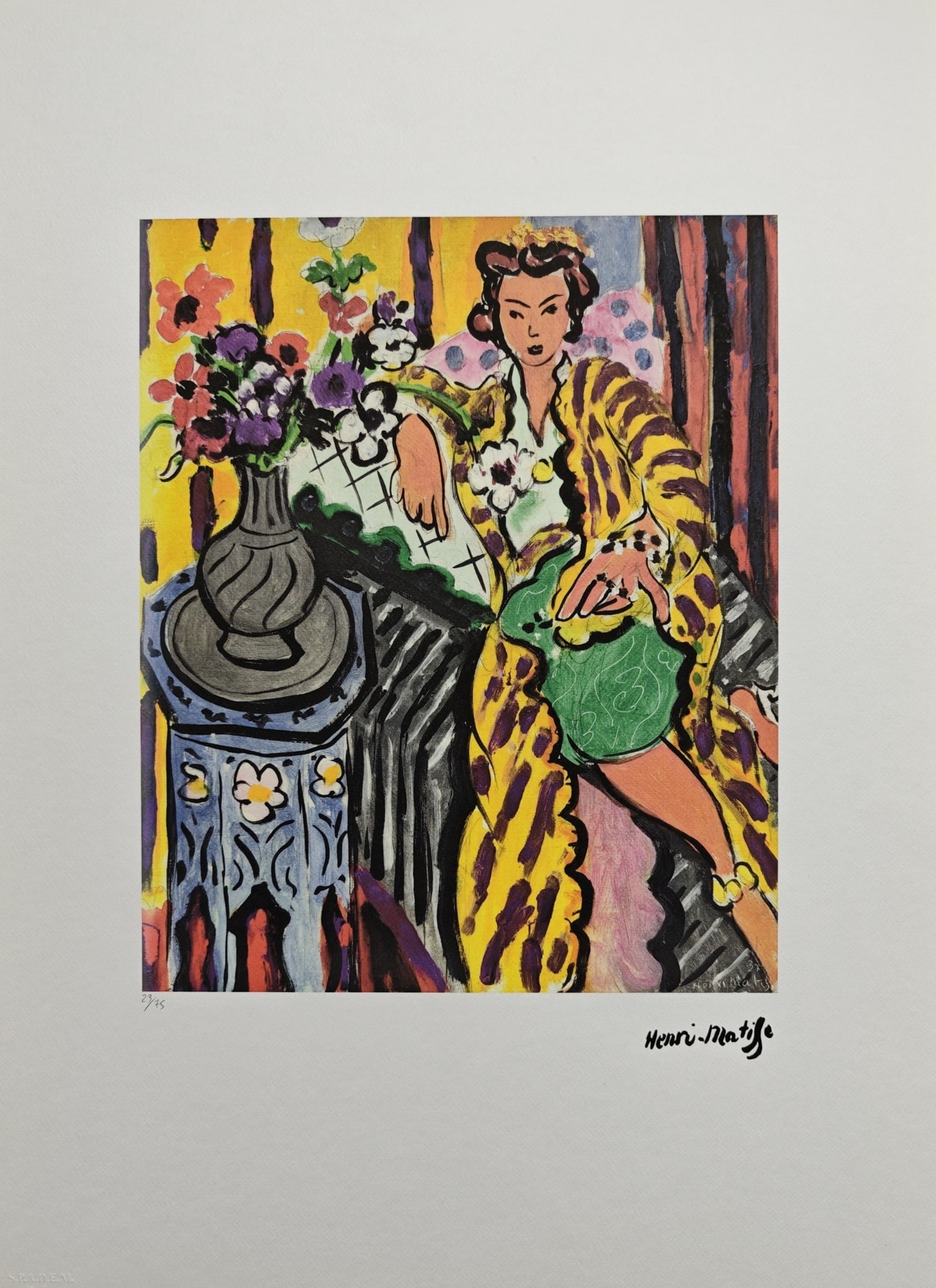 Henri Matisse, "Yellow Odalisque", 1937: Henri Matisse, "Yellow Odalisque", 1937, 50 × 70 cm, offset lithograph. The work is signed in the plate on the recto, numbered /75 in pencil on the recto, and bears the S.P.A.D.E.M. Paris blindstamp.