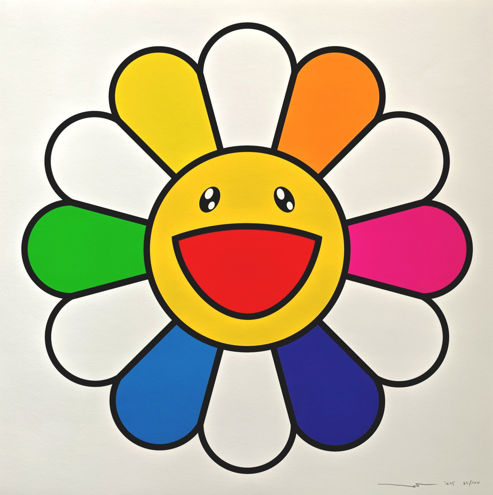 Takashi Murakami, "Superflat Sunshine", 2025: Takashi Murakami (b. 1962), "Superflat Sunshine: A Decade in Bloom", 2025, 56.2 × 56.2 cm, screenprint. Signed by the artist in pencil on the recto, numbered 65/100 in pencil on the recto, and dated.