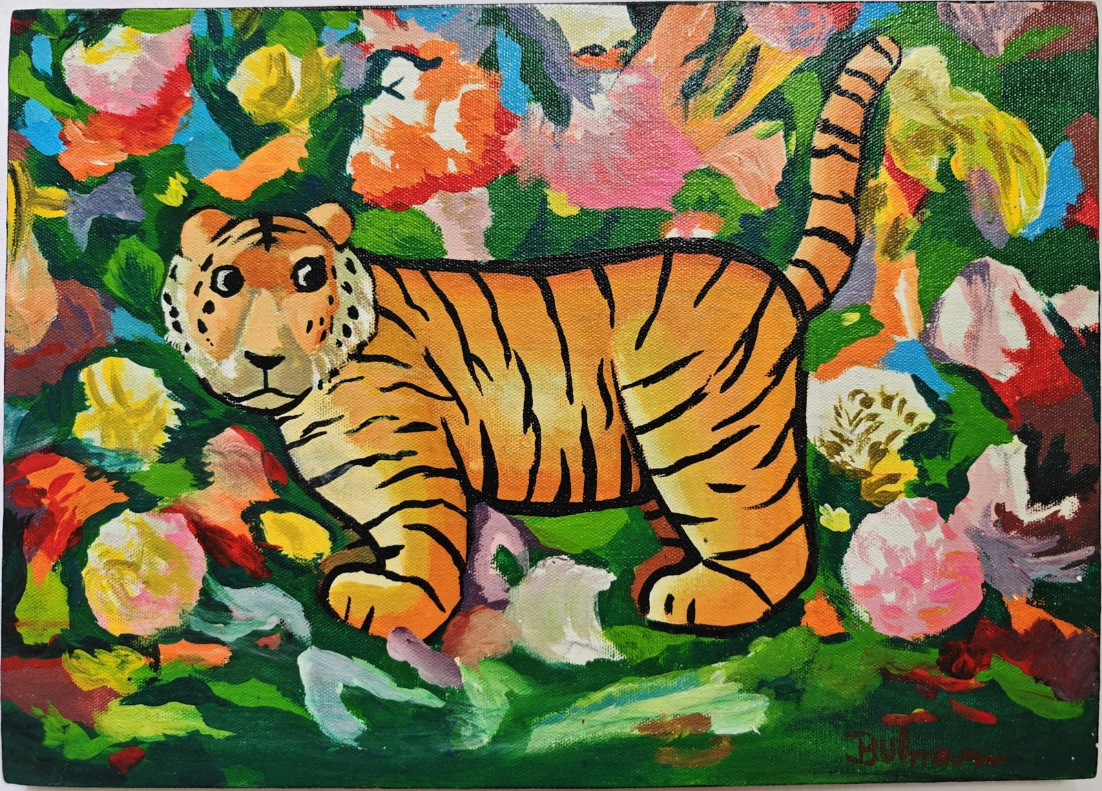 Orville Bulman, "Tiger", 1974, Acrylic on Canvas: Orville Bulman (1904-1978), "A Tiger", 1974, 20 × 25.6 cm, acrylic on canvas. The work is signed, dated, and titled.