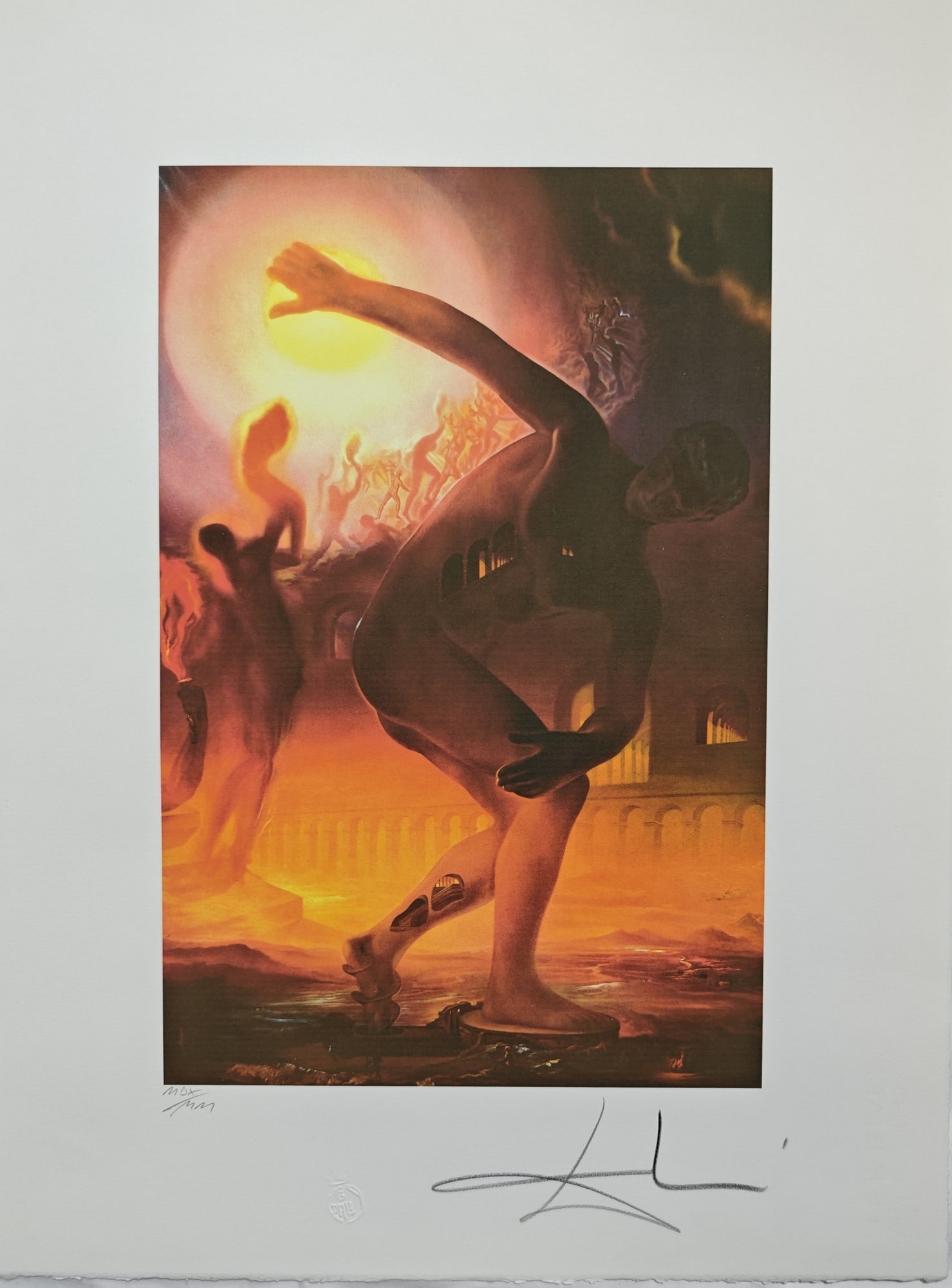 Salvador Dalí, "The Cosmic Athlete", 1968: Salvador Dalí, "The Cosmic Athlete", 1968, 50 × 65 cm, offset lithograph on BFK Rives. Signed and numbered in pencil on the recto; the sheet bears the Crown Gala Dali blindstamp.