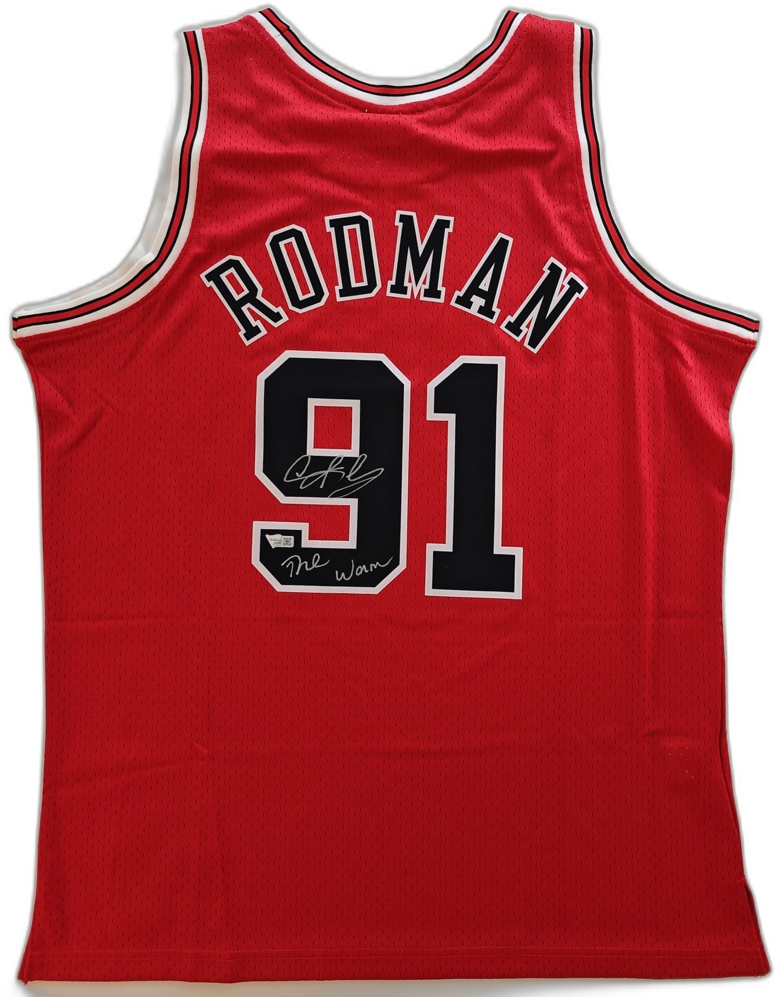 Rodman Signed Bulls 97-98 #91 Fanatics COA: Dennis Rodman (1961-), "Chicago Bulls 1997-1998 Mitchell & Ness Hardwood Classics jersey". The jersey is signed on the #91 back and inscribed 'The Worm'; it is Fanatics authenticated, certificate