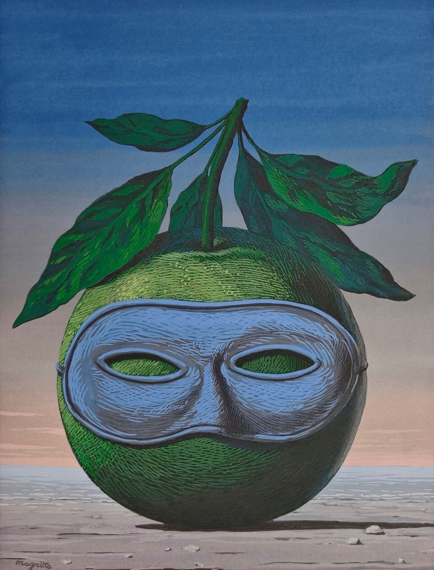 René Magritte, "Memory of a Journey", 1962-63: René Magritte, "Memory of a Journey", 1962-1963, 70 × 50 cm, offset lithograph. Signed in the plate and numbered /100 in pencil on the recto, with the S.P.A.D.E.M. Paris and AROArte blindstamps.