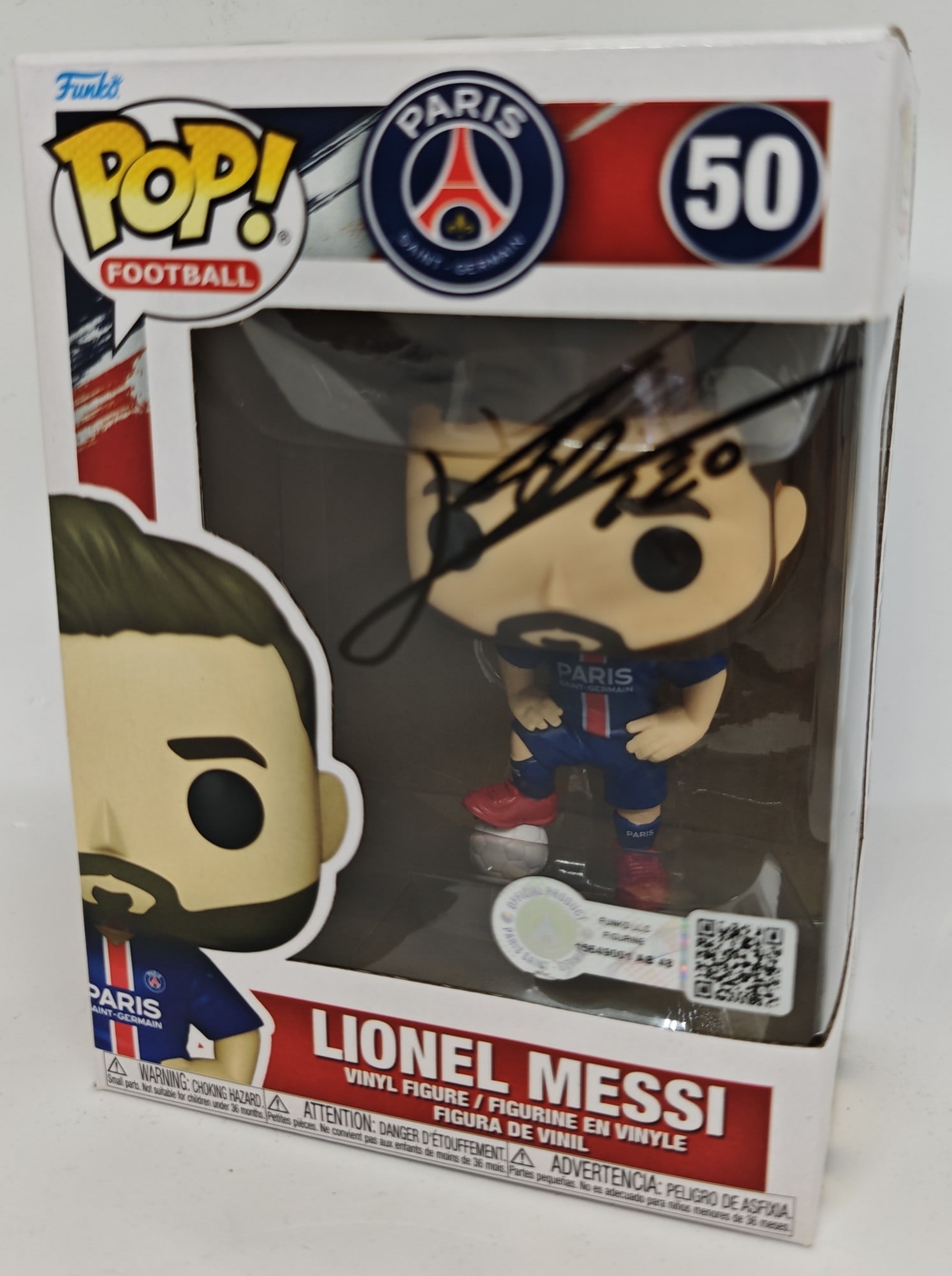 Messi Signed Funko Pop #50 PSG, COA: Lionel Messi, "Signed Funko Pop! Football #50 Paris Saint-Germain", vinyl figure. Signed on the box window in black marker, with Celebrity Authentics COA no. QC720184.