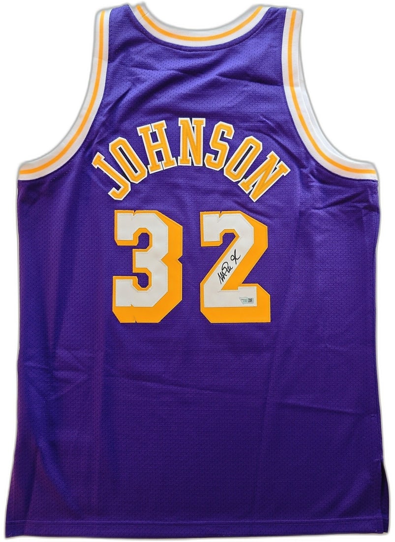 Magic Signed Lakers 84-85 #32 Fanatics COA: Magic Johnson (b. 1959), "Los Angeles Lakers 1984-1985 Hardwood Classics jersey". The jersey is signed on the #32 back and is authenticated by Fanatics, certificate B120543.