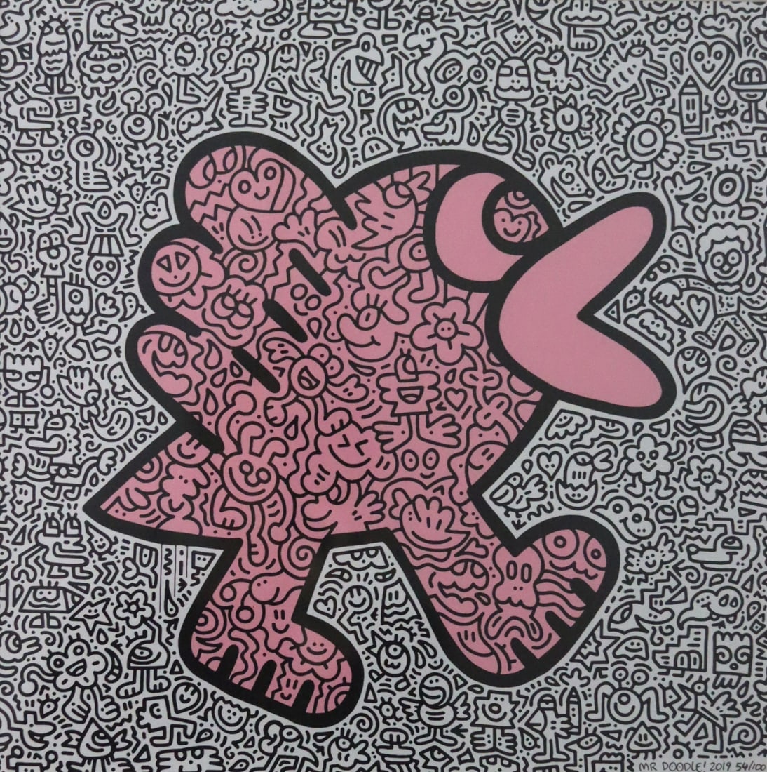 Mr Doodle, "Pink Bird", 2019: Mr Doodle (1994-), "Pink Bird", 2019, 35 × 35 cm, screenprint. The print is signed, numbered /100, and dated.