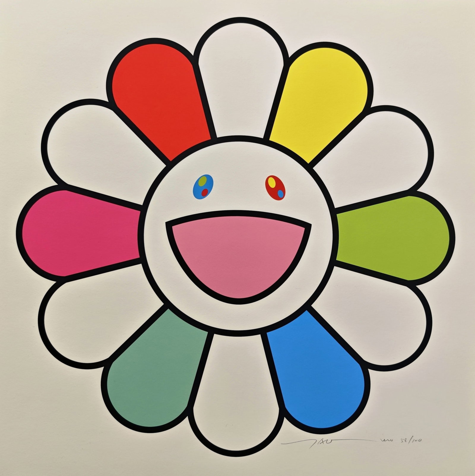 Murakami, "Smiley Days with Ms. Flower to You!": Takashi Murakami (1962-), "Smiley Days with Ms. Flower to You!", 2020, 50 × 50 cm, screenprint. Signed by the artist in pencil on the recto, numbered 59/100 in pencil on the recto, and dated.