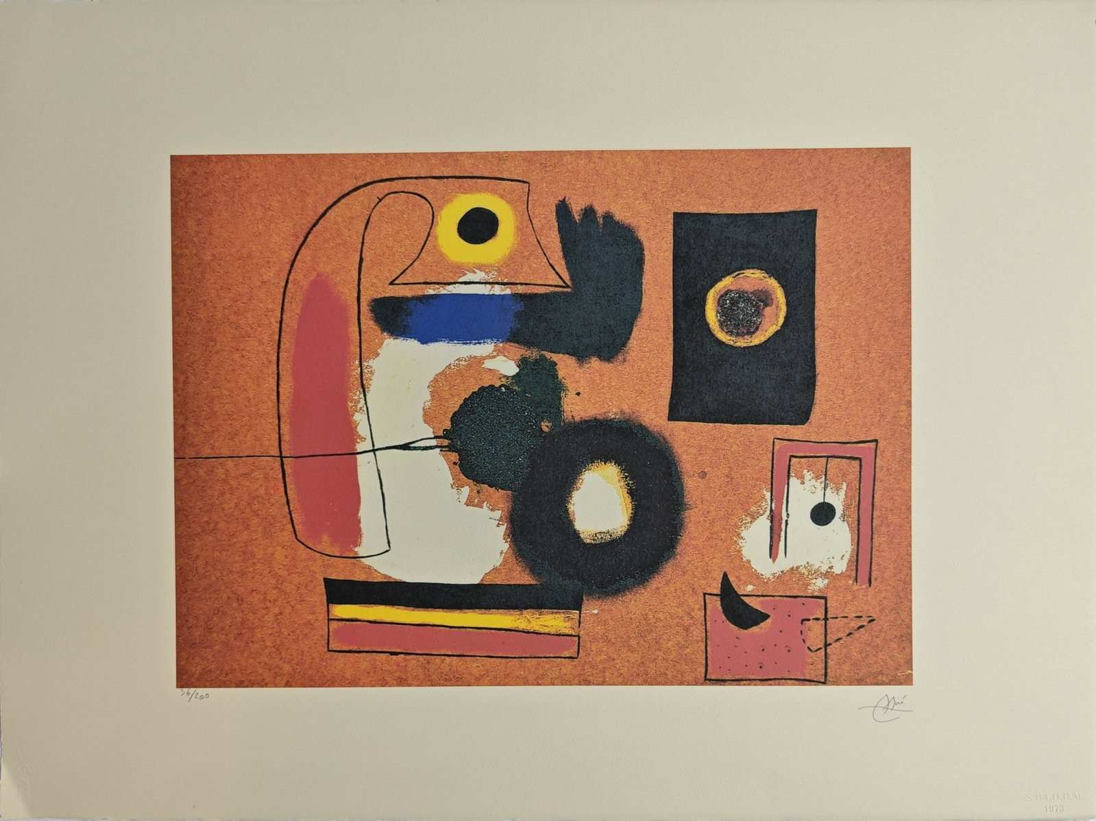 Joan Miro, "Montroig & Barcelona", 1936: Joan Miro, "Montroig and Barcelona", 1936, offset lithograph on Arches, 76 × 56 cm. Signed in the plate and numbered /150 in pencil on the recto; the sheet bears the S.P.A.D.E.M. 1973 blindstamp.