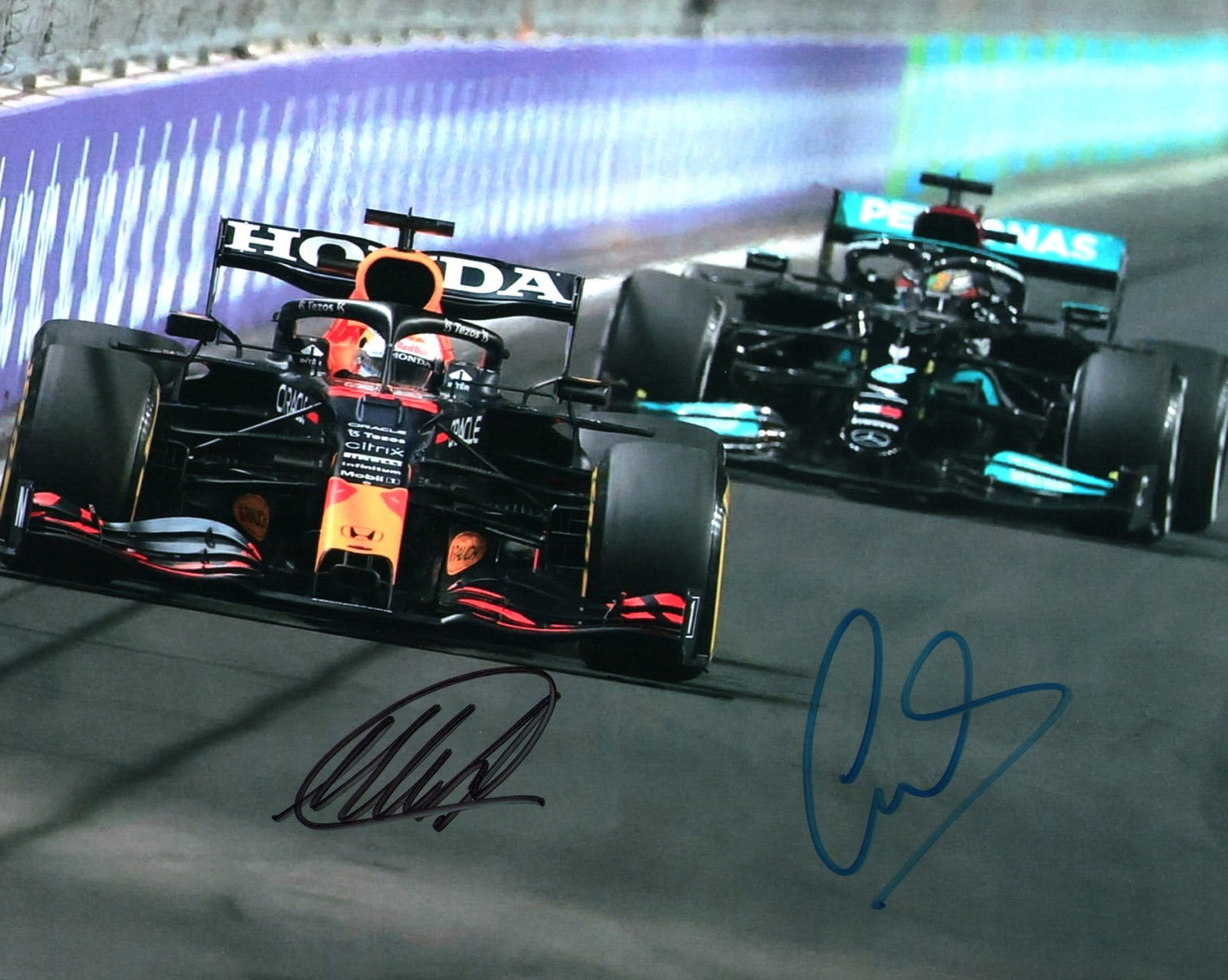 Hamilton & Verstappen Signed Racing Print, COA (1 of 2)