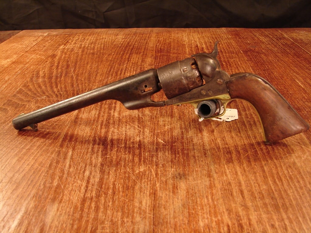 Barn find Colt Model 1860 revolver: Barn find Colt Model 1860 revolver in relic condition but still in decent condition that would make a fine display. Faint serial numbers are there as well as a soft barrel address. See photos as part 