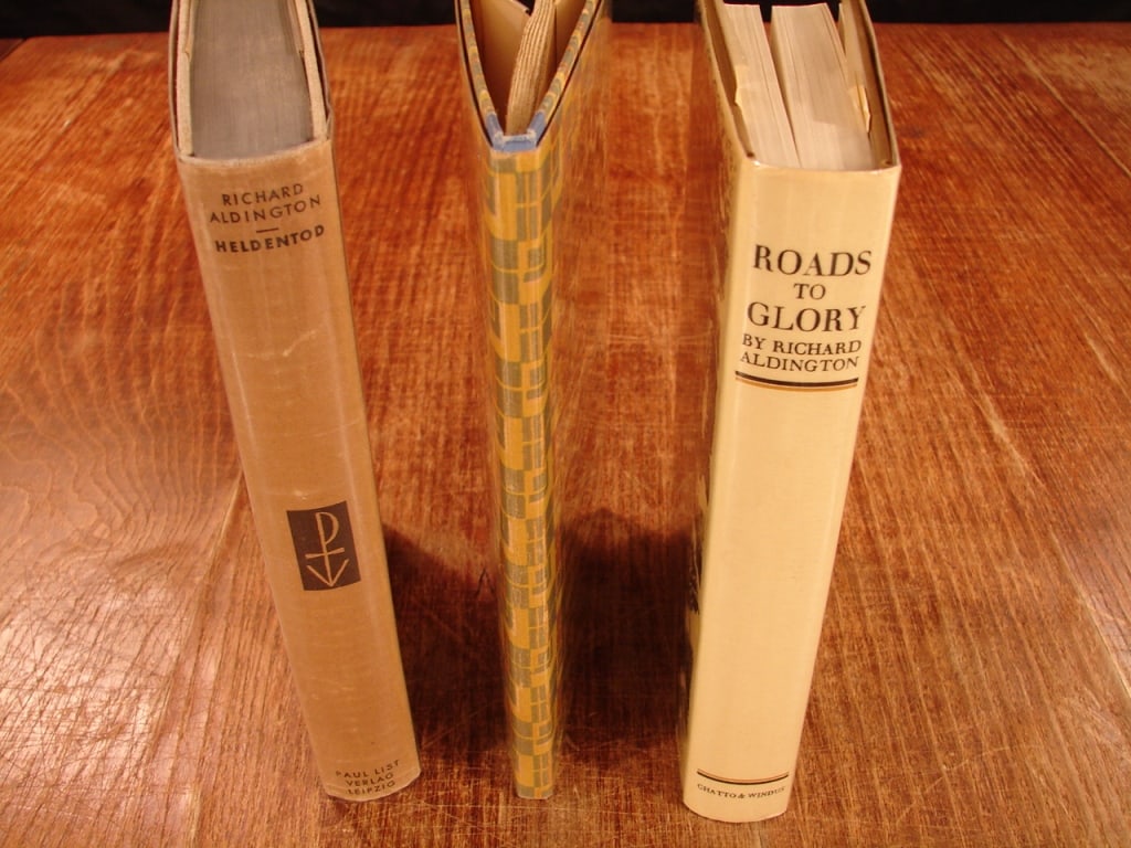 Lot of three Richard Aldington books: Lot of three Richard Aldington books. 1) Two Stories number 329 of 530 signed by the author. The Deserter and Lads of Village. 2) Heldentod 1030. 3) Roads to Glory -number 48 of 300 copies.