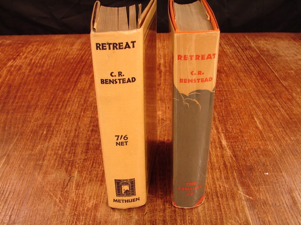 Two copies of Retreat a novel of 1918 one signed: Two copies of Retreat a novel of 1918 by C.R. Bentead. 1) First printing 1930 copy. 2) London printing 1930 signed copy to Captain Darling by author CR Benstead. Scarce and fine collectible.