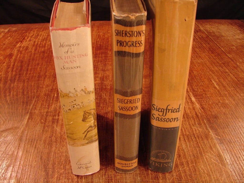 Lot of three first edition Siegfried Sassoon books: Lot of three first edition Siegfried Sassoon books. 1) The Weald of Youth. Viking 1942. 2) Memoirs of the Fox Hunting Man. Coward-McCann 1929. 3) Sherston's Progress. Doubleday, Doran & Company New Yo