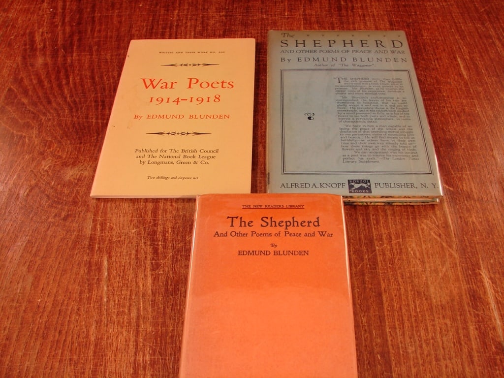 Lot of 3 Edmund Blunden novels: Lot of 3 Edmund Blunden books. 1) The Shepherd and Other Poems of Peace and War. First edition Alfred Knopf 1922. An acclaimed 1922 poetry collection by English poet Edmund Blunden. It secured his