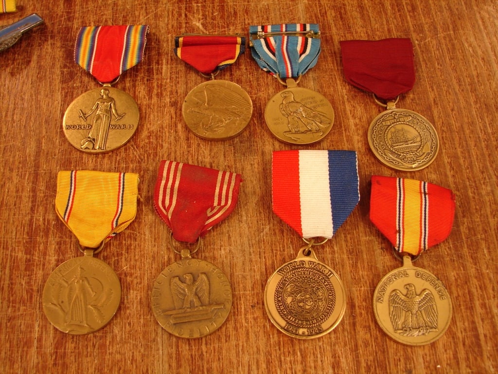 Lot of 23 various military medals, awards, ribbons: Lot of 23 various military medals, awards and ribbons and bars. Mostly WWII.