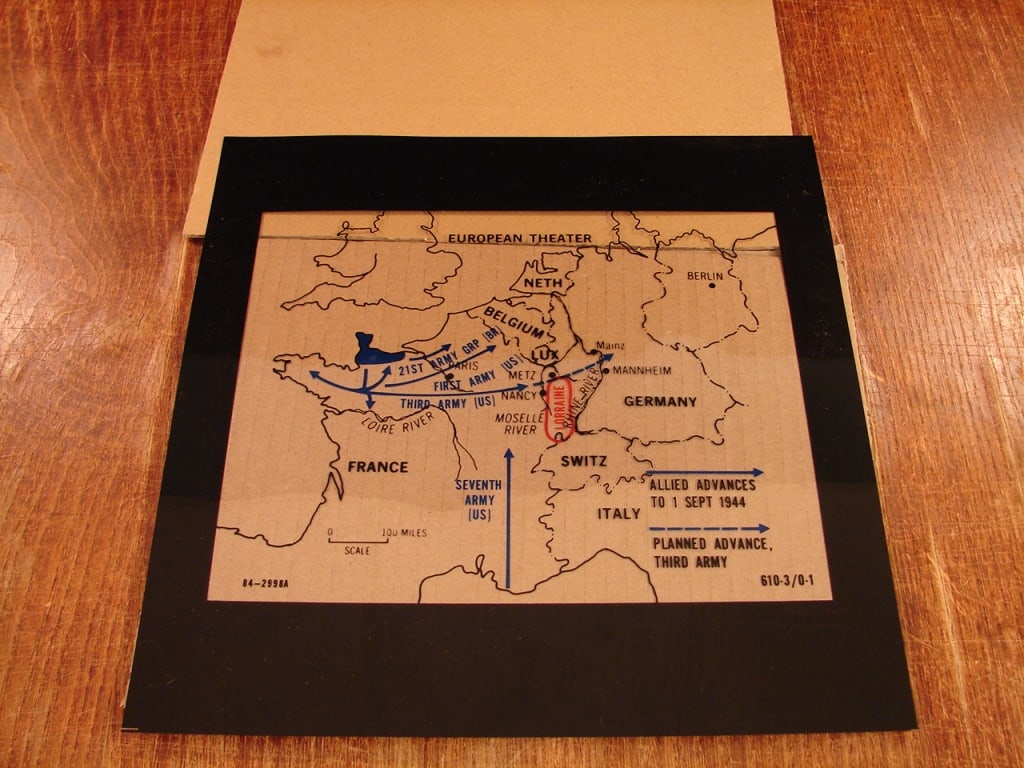 Lot of 16 WWII operations transparencies: Lot of 16 WWII military movement and planning transparencies for overhead projection with European army and unit movements, locations and dates. Very scarce and unique. In very good condition.
