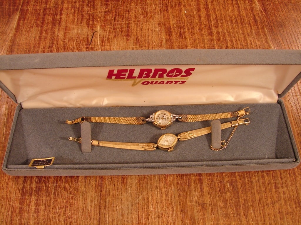 Two woman's watched Helbros Quartz and Waltham: Two woman's watched Helbros Quartz and Waltham. One has diamond chips. Our diamond tester probe was too large to detect for sure but we think diamonds are real. Untested. Been in storage for years.