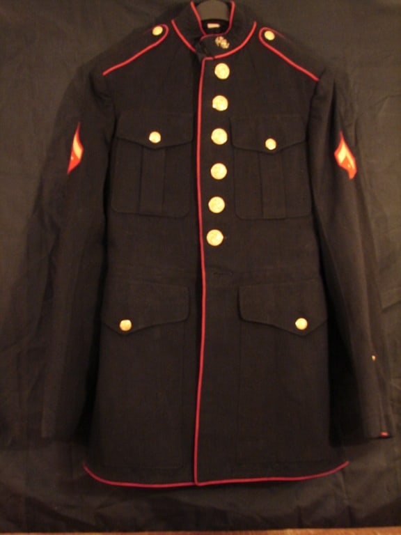 US Marine Corp. Dress Blue uniform with pants: US Marine Corp. Dress Blue uniform with pants and belt. Fine condition.