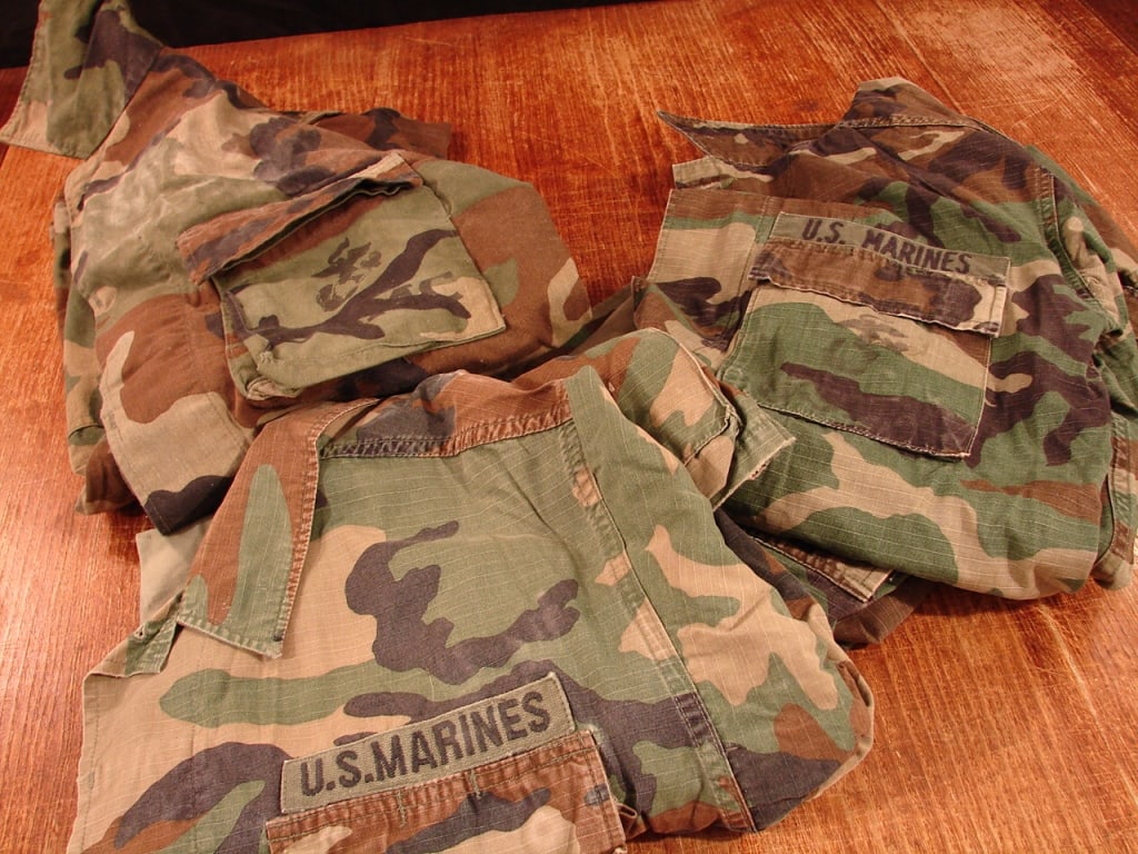 Lot of 3 US Military issue woodland camo: Lot of 3 US Military issue woodland camo hot weather jackets. US Marines - some named. Good condition. All small.