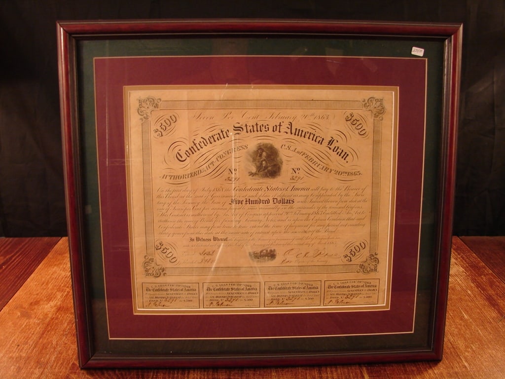 Confederate States 1863 War Bond with 4 coupons: Confederate States 1863 $500.00 War Bond with 4 coupons. Numbered 3291, Nicely framed.