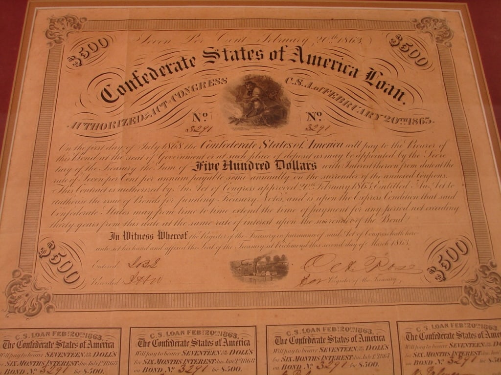 Confederate States 1863 War Bond with 4 coupons - 5