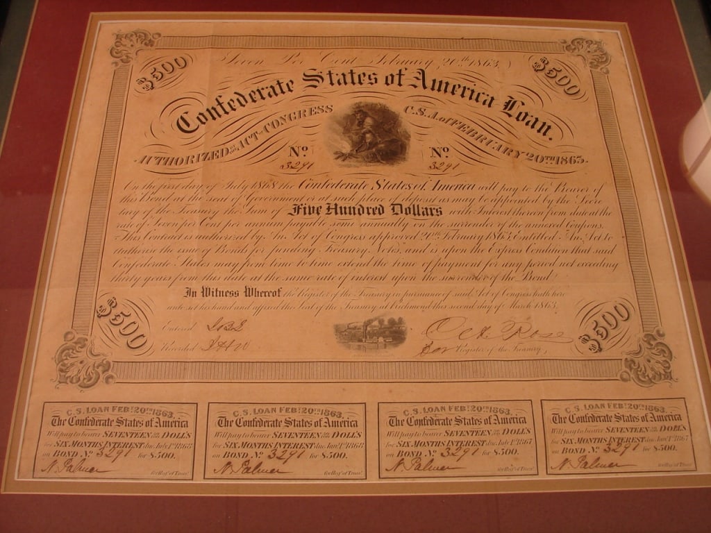 Confederate States 1863 War Bond with 4 coupons - 6