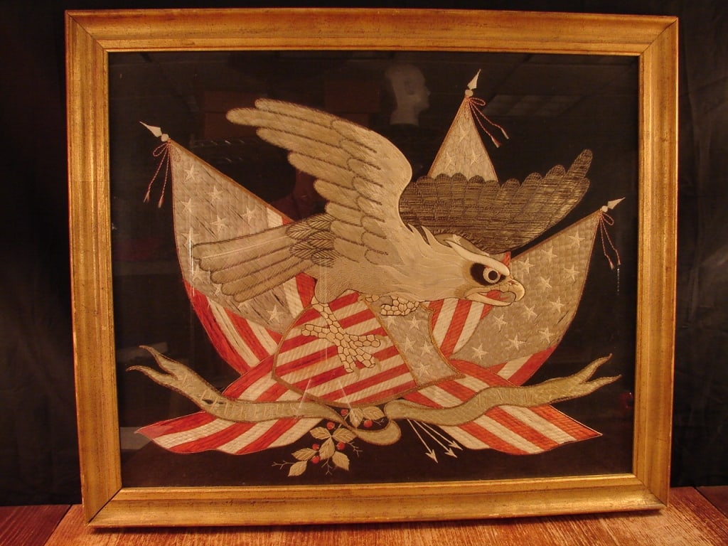 Framed Japanese made Great White Fleet embroidery: This very fine collectible piece was made by The George Washington Company in Yokohama Japan which was established in 1880. This Trapunto banner represents the arrival of Roosevelt's US Navy's Great