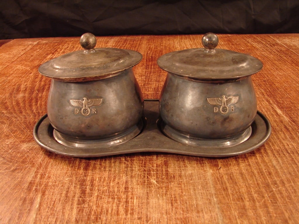 WWII Deutsche Reichsbahn Herman Gorings train: Very rare item. This WWII German serving container came from Herman Goring's personal train. Deutsche Reichsbahn. The matching double container with lids are designed for table top use on a train and