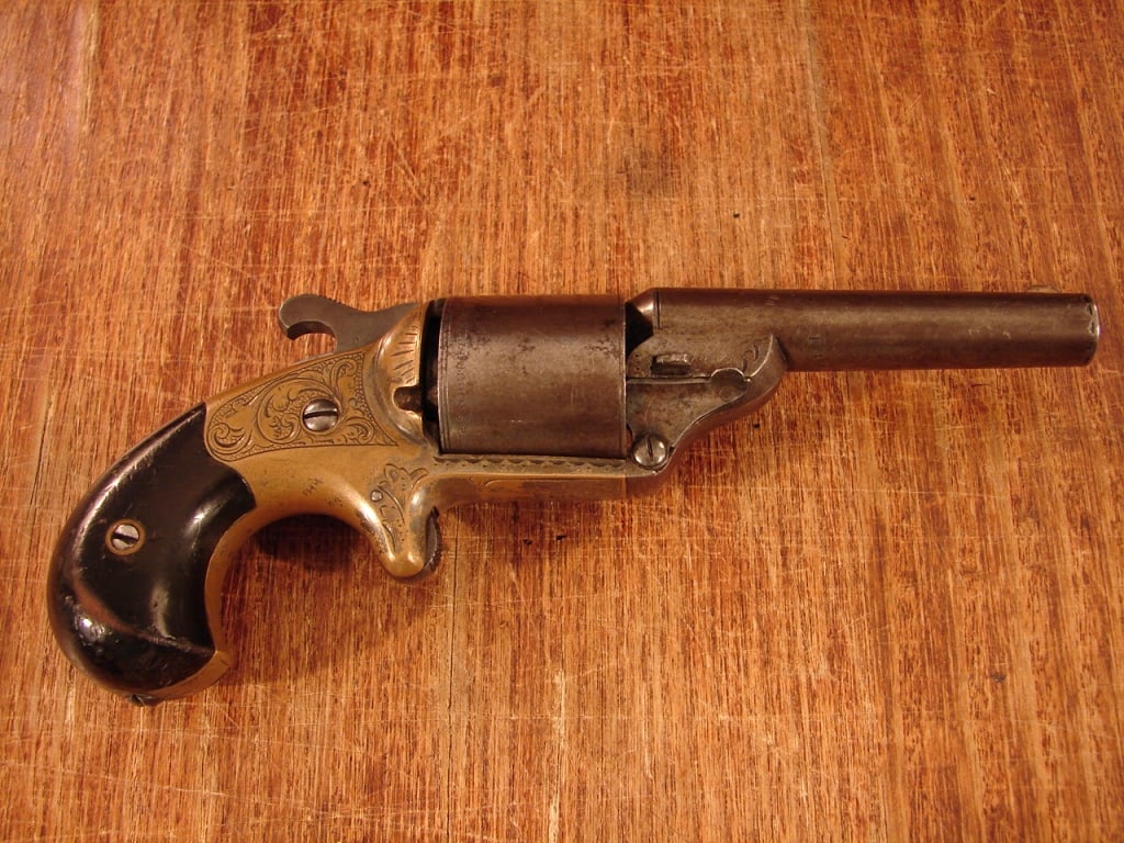 Civil War Moore's Patent Teat-Fire Revolver: Civil War Moore's Patent Teat-Fire Revolver. Unusual front-loading revolver with a unique teat-fire cartridge. Caliber .32 with a 3 ¼" round barrel. Made in Brooklyn, NY, beginning in 1864,