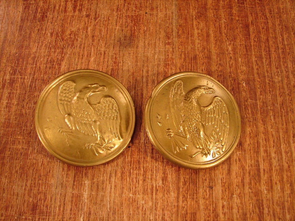 Civil War Original Eagle Cross Belt Breast Plates: Two Civil War Original Eagle Cross Belt Breast Plates: Guaranteed original and not reproductions. A. Reference Harry Ridgeway #1732 B. Reference Harry Ridgeway #1722 and O'Donnell & Campbell #450