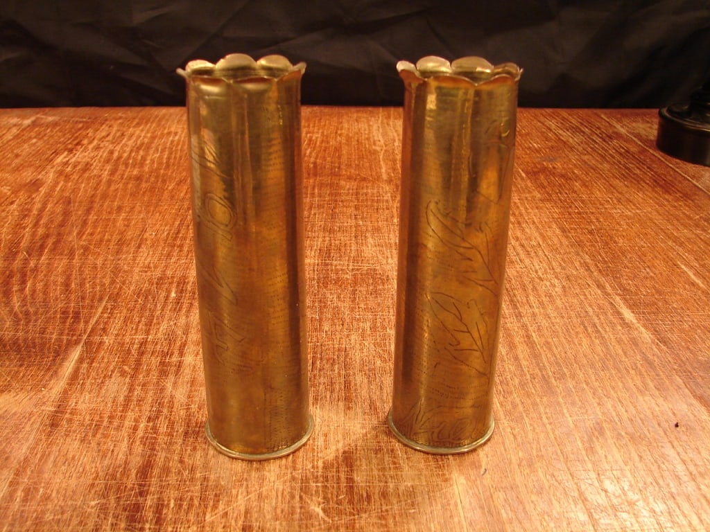 Lot of 2 WWI Trench Art.: Lot of 2 WWI Trench Art. Fine smaller versions British Naval Shell casing. Dated 1914 and 1917.