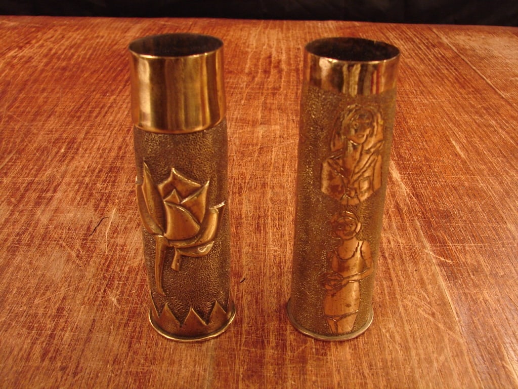 Lot of 2 WWI Trench Art.: Lot of 2 WWI Trench Art. British Naval shell casing with fine work, 1917.
