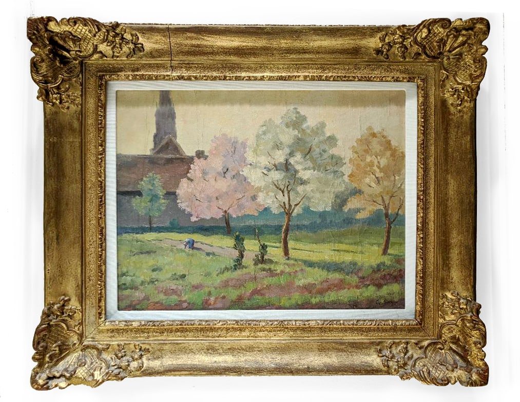 Pastoral Trees, Oil on Canvas of Rural French Landscape in Gilt Frame.: Pastoral scene by listed French artist. Signed as Aimee. Measures: 19.5 inches tall x 22.5 wide (framed). Purchased in 2004 from Jacques Lamy Gallery in Dallas, Texas. Vrack at top left of frame as no