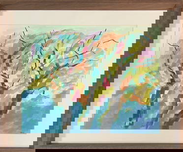 Etel Adnan, Pastel on Paper, French Painter (1925 - 2021): Born: 1925 - Beirut, Lebanon. Died: 2021. Known for: Geometric and other abstract painting, watercolor and oil. Currently the focus of a significant career-survey exhibition at the Solomon R. Guggenhe