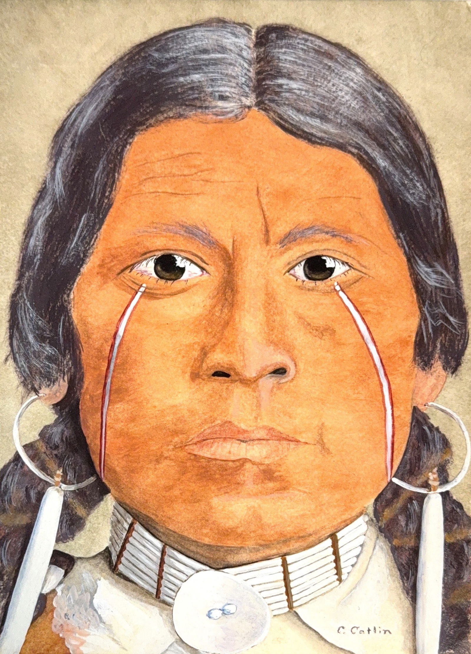 George Catlin, Oil on Card Board, American (1796 - 1872): Born: 1796 - Wilkes Barre, Pennsylvania. Died: 1872 - Jersey City, New Jersey. Known for: Indian genre-figure and portrait painting. When Catlin was 8 years old, his mother had been captured by Indian