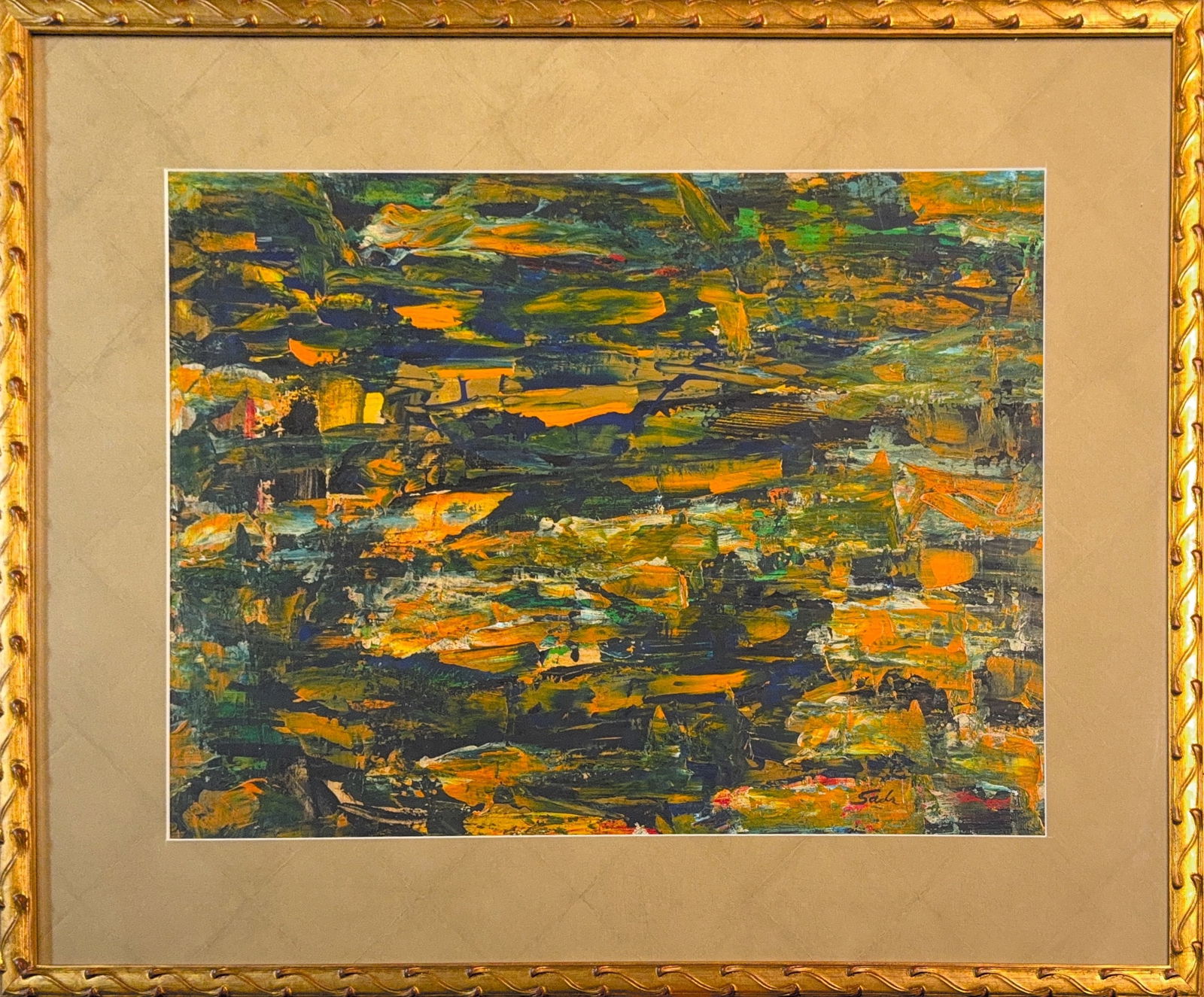 Behjat Sadr, Oil/Acrylic/Mix Media on Cardboard , Iranian (1924 - 2009): KEYWORDS : Iranian, Abstract, Oil, Cardboard, Colorful, Lines, Aesthetic, Antique Frame. Born: 1924 - Arak, Iran. Died: 2009 - Corsica, France. Known for: Abstract, leading edge modern art painting, c