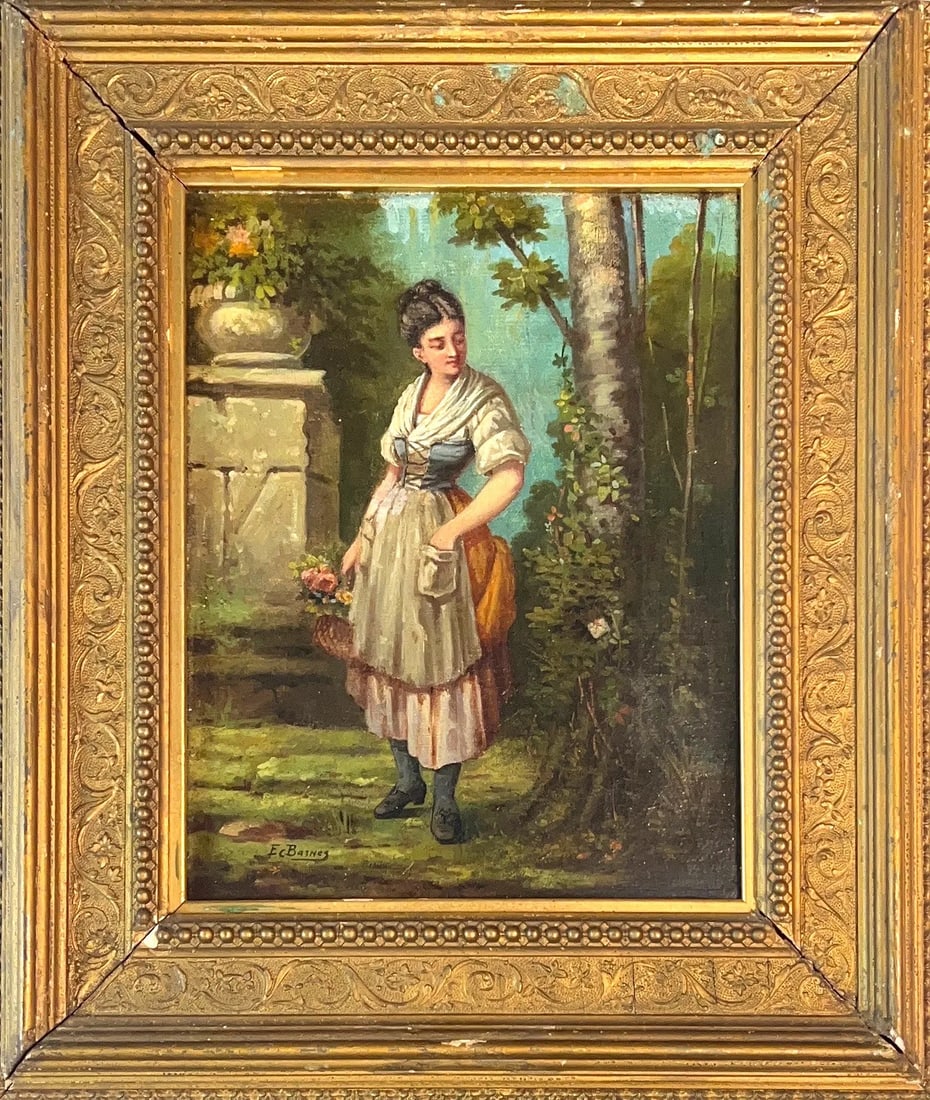 Edward Charles Barnes, Oil on Canvas, British Painter (1830 - 1882): KEYWORDS: British, Antique, Girl, Oil, Canvas, Gilded Frame. (1830-1882). Edward Charles Barnes was a nineteenth century London painter of Victorian domestic scenes and interiors, especially of women