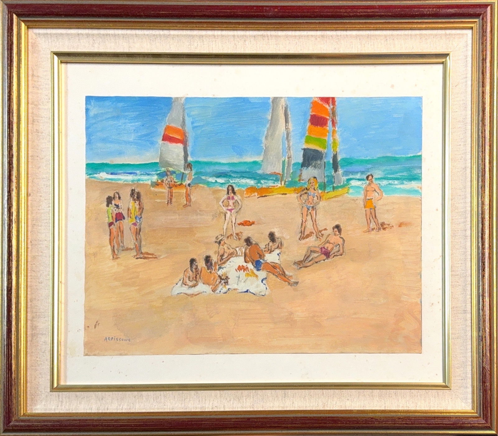 Yolande Ardissone, Oil/Temper/Mix-Media on Paper, French (1927 - 2024): KEYWORDS: American, Watercolor, Paper, Beach, Umbrellas, People, Sky. Born: 1927 - Normandy, France. Known for: Impressionist landscape, marine, and still-life painting. Name variants: Yolande Ardison