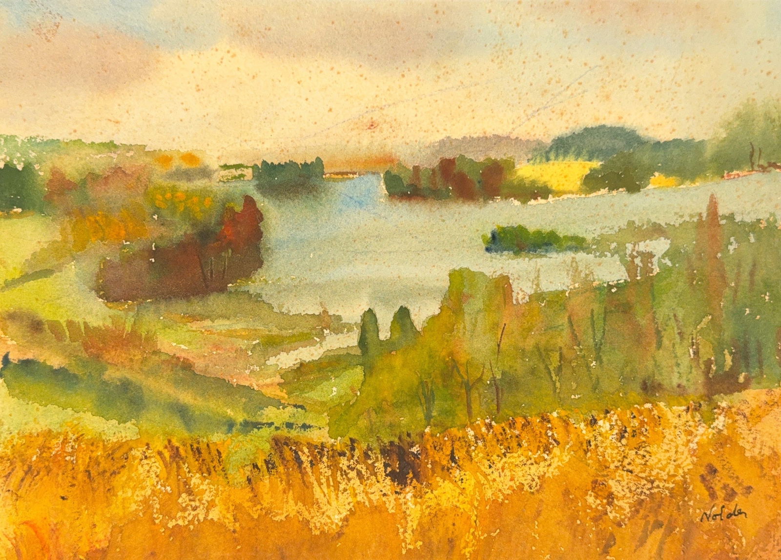 Emil Nolde, Watercolor on Paper, German (1867 - 1956): KEYWORDS: Landscape, Lakes, River, Land, Trees, Fresh Frame. Born: 1867 - Nolde, Germany. Died: 1956 - Seebull, Germany. Known for: Expressionist painting, printmaking, woodcarving, teaching. Emil Nol