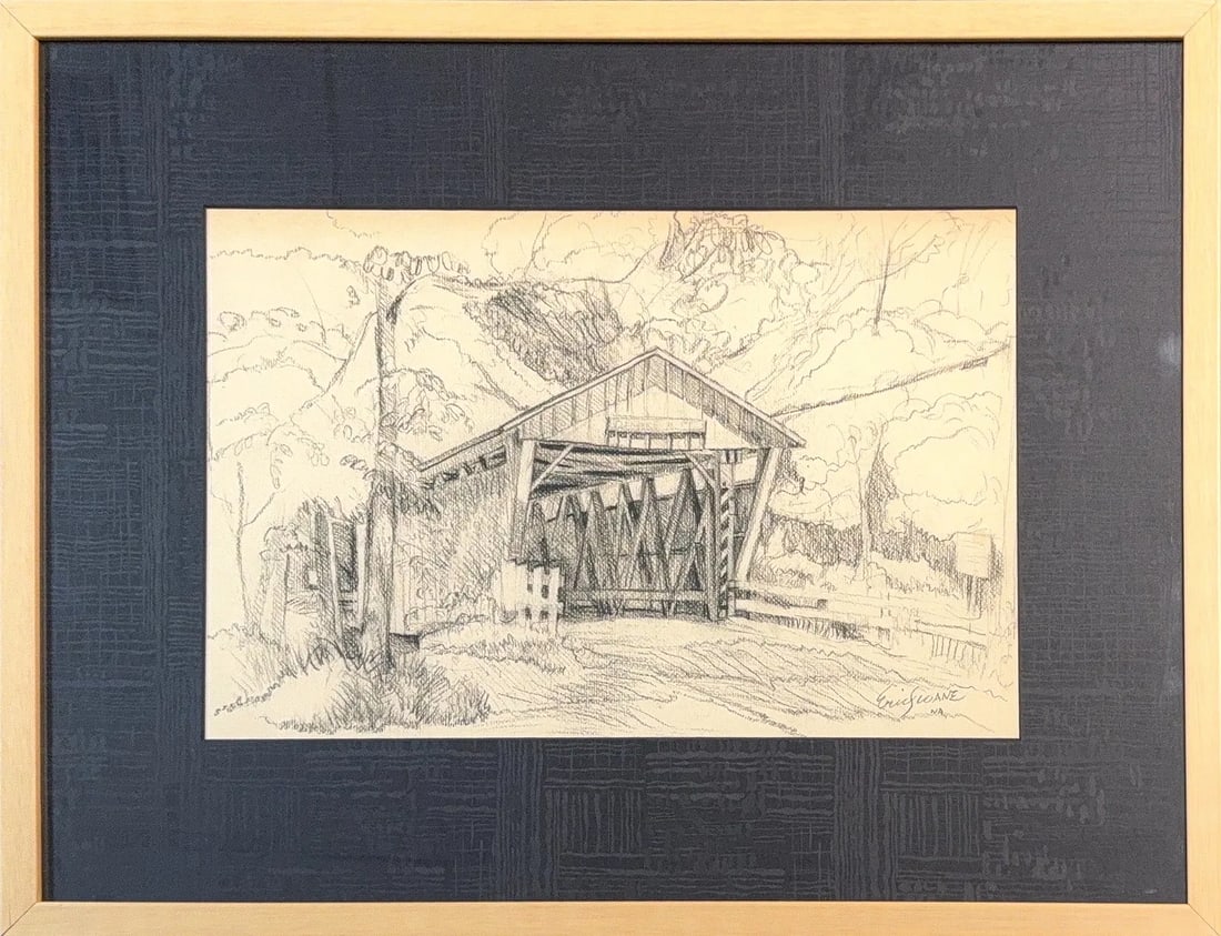 Eric Sloane, Pen/Pencil on Paper, American (1905 - 1985): KEYWORDS: Custom Frame, Pen/Pencil, Bridge, Mountain, River Road, Stable, Trees, Grass, Ink/Led. Born: 1905 - New York City. Died: 1985 - New York City. Known for: Rural landscape painting, book illus