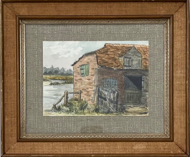 John Constable, Watercolor on Paper, English (1776 - 1837): KEYWORDS: Antique, Custom Frame, River Barn, House, Watercolor, Water, Grass, Landscape. Born: 1776 - East Bergholt, Suffolk, England. Died: 1837 - London, England. Known for: Regional rural landscape