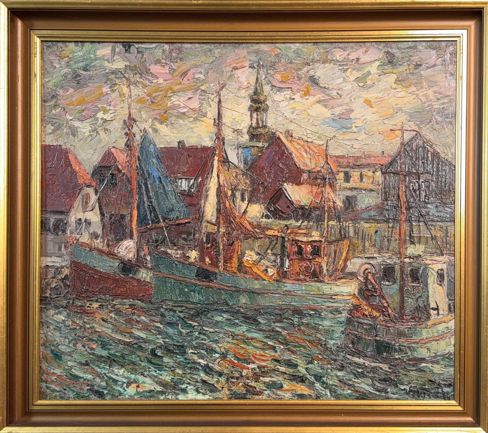 Finn Andersen, Oil on Canvas, Danish (1909-1987): KEYWORDS: Marina, Ocean, Boats, Houses, Buildings, Dock. Finn Andersen (1909-1987) was a Danish painter known for his expressive style and thick application of paint, known as impasto. He received his