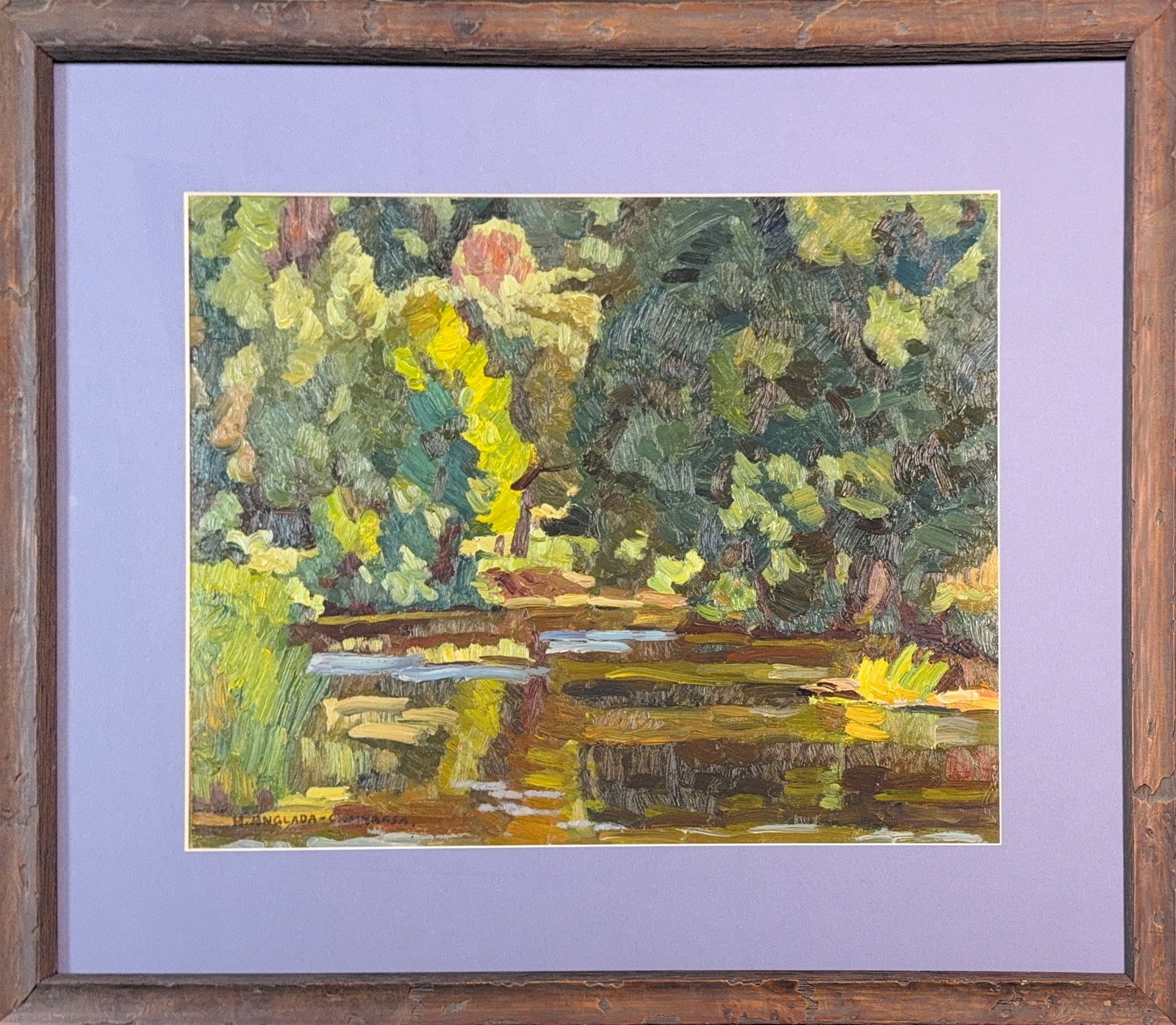 Hermenegildo Anglada (Hermen) Camarasa, Oil on Cardboard, Spanish (1871 - 1959): KEYWORDS: Landscape, Pond, Stream, Trees, Foliage, Vivrant, Light, Water Lilies. Born: 1871 - Barcelona, Spain. Died: 1959 - Puerto de Pollenca, Majorca. Known for: Aristocratic figure, nocturnal and 