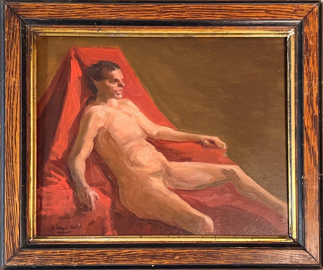 George Benjamin Luks, Oil on Hard Board, American (1866 - 1933): KEYWORDS: Male, Nude, Red, Drapery, Background, Solid, Brown, Volume, Texture. Born: 1866 - Williamsport, Pennsylvania. Died: 1933 - New York City. Known for: Urban genre and portrait painting, illust
