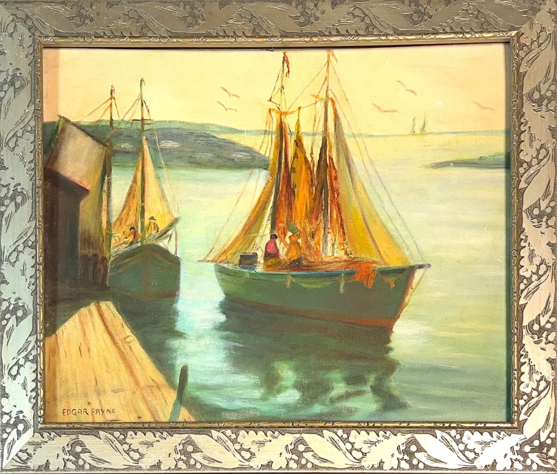 Edgar Payne, Oil on Board, American (1883-1947): KEYWORDS: Harbor, Boats, Wood, Pier, Coastline, Sky, Seagulls, Fishing. Born: March 1, 1883. Died: April 8, 1947. Known for : Western landscape and waterscape painting. Edgar Alwin Payne was active/li